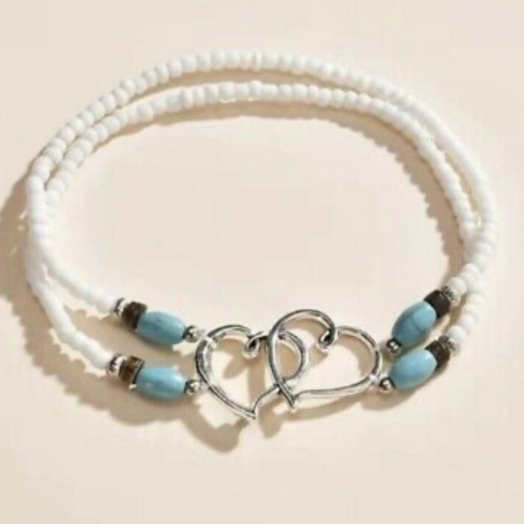 Silver Heart Charm Bracelet with White and Blue Beads - Picture 3 of 6